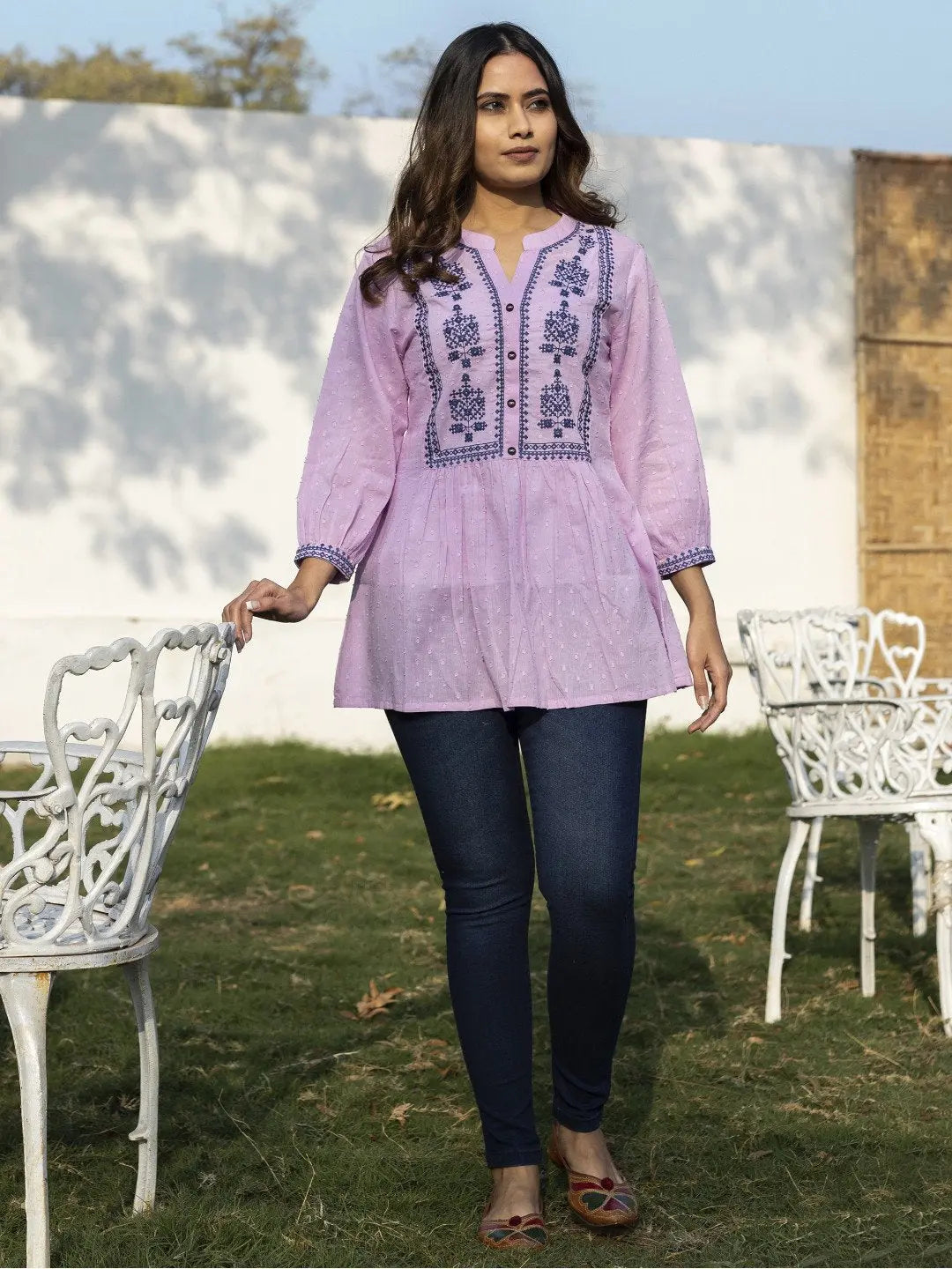 Lavender cotton embroidered fit and flare tunic for women