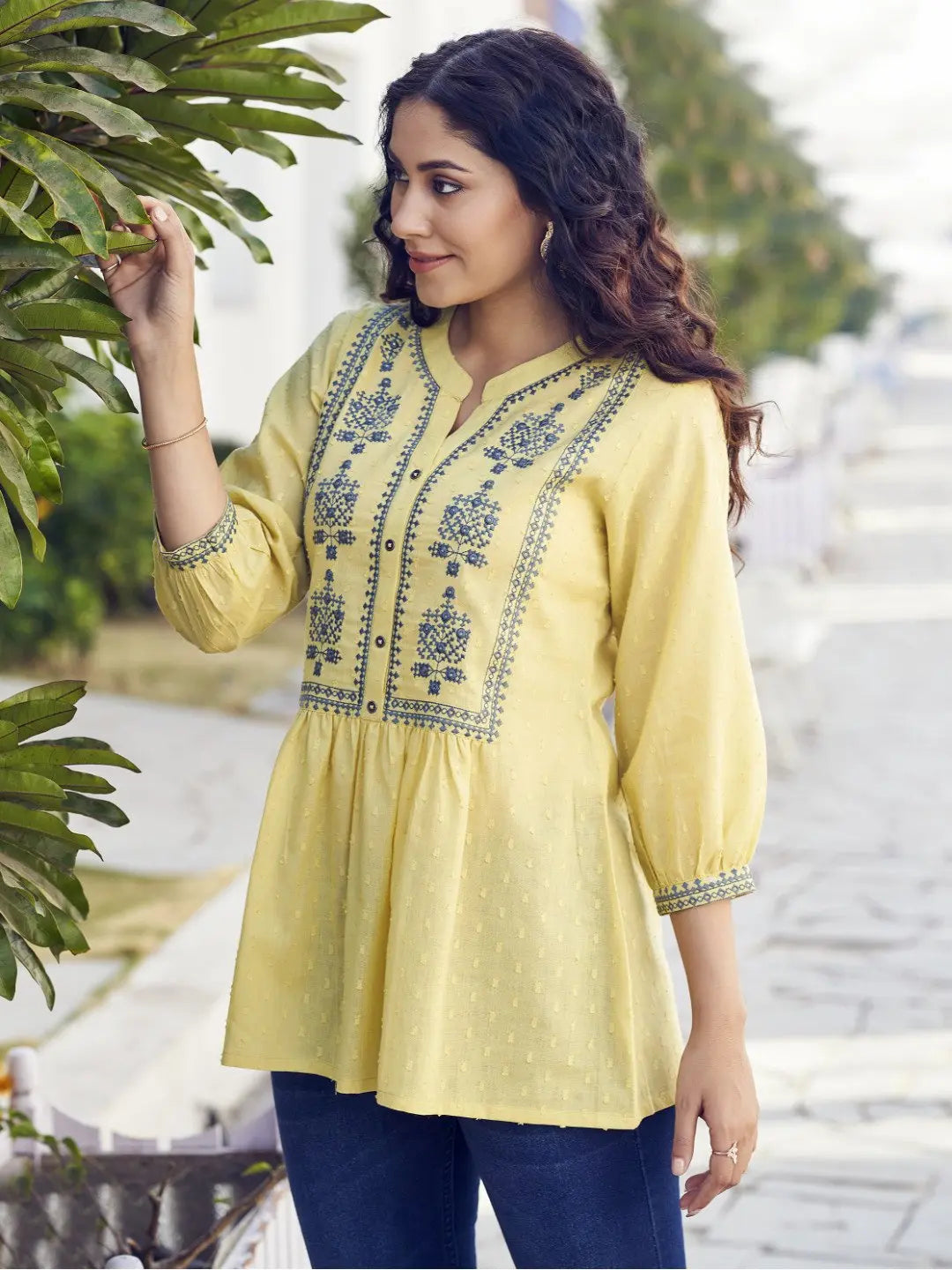 Yellow cotton embroidered fit and flare tunic for women