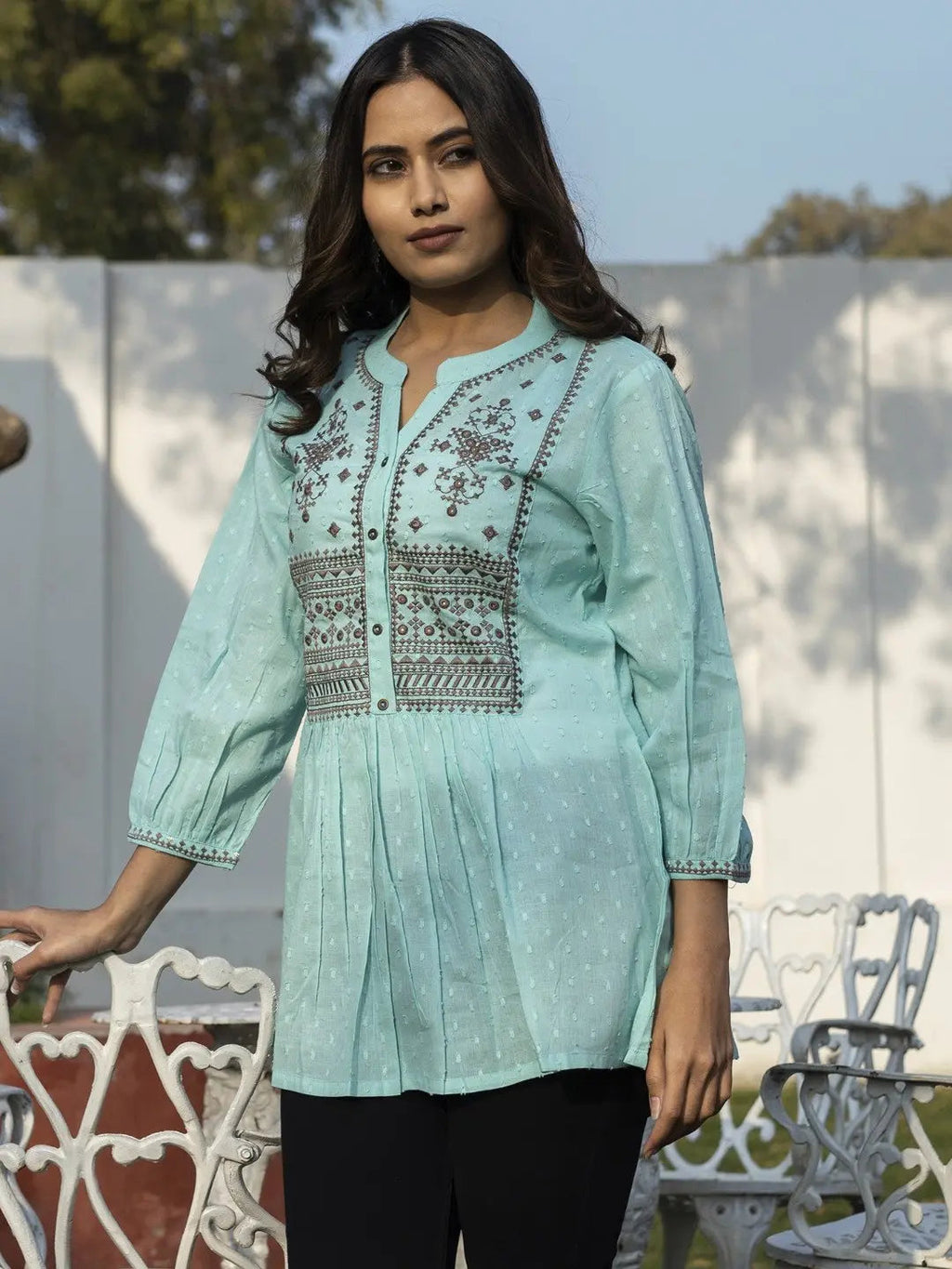 Sea green cotton embroidered fit and flare tunic for women